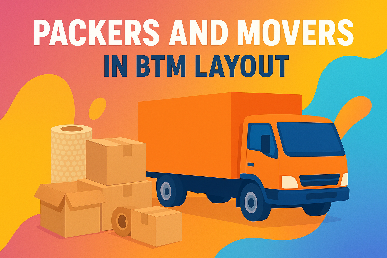Packers and Movers in BTM Layout – Moving truck with cardboard boxes and packing material on colorful background.
